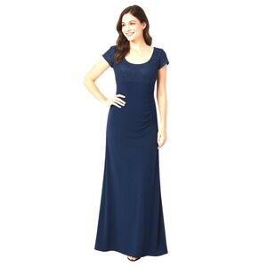 JS Boutique Size 12 Evening Gown Navy Blue Beaded Lace Bodice Ruching Scoop Back